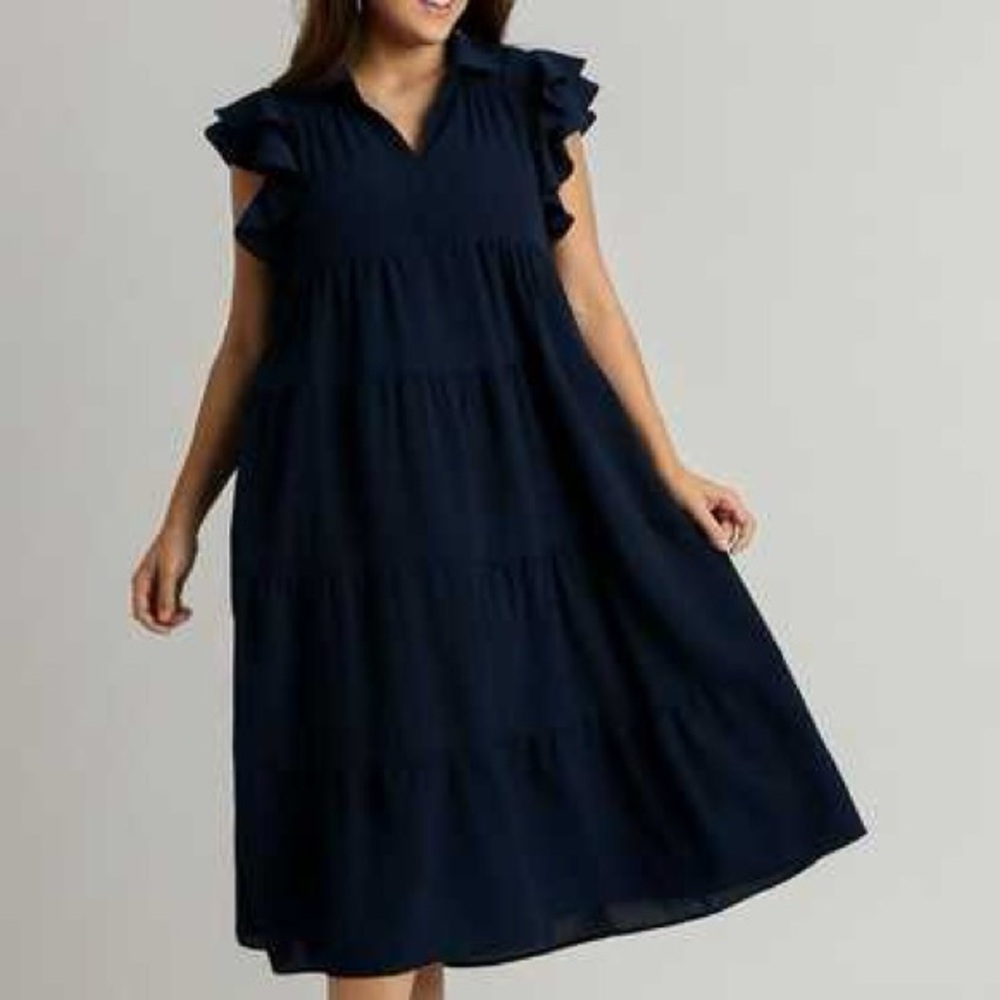 Umgee Navy Blue Ruffle Sleeve Dress